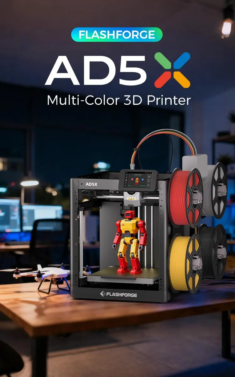 Flashforge AD5X 3D Printer Machine - Multi-Color, 600mm/s High Speed, Equipped with Screen Display, 1 Count, Black, Includes Life-Long Technical Support