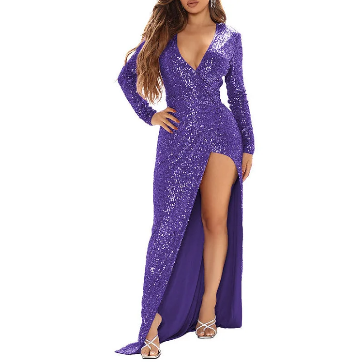 Sequins Deep V-Neck Long Sleeve High Slit Maxi Evening Dress - IRBOOM Fashion Clothing