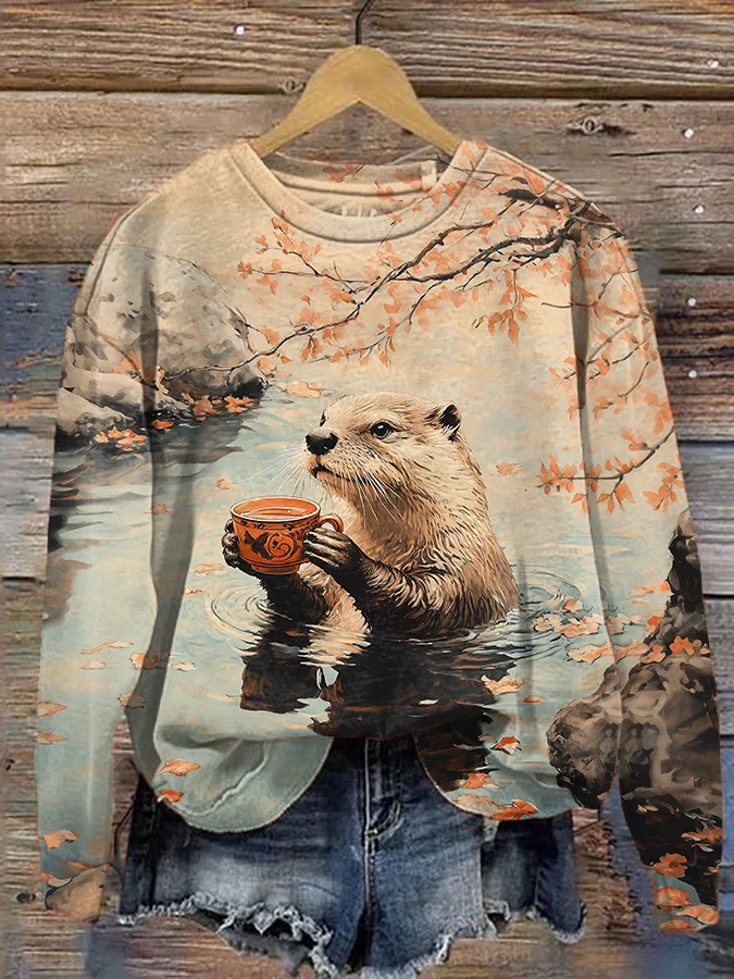 Women's Autumn Otter Japanese Art Print Casual Sweatshirt