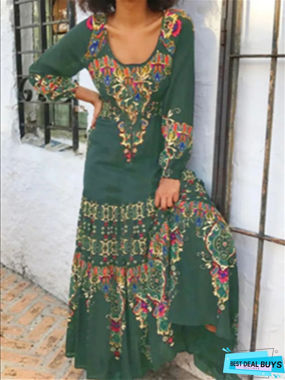 Spring and Summer Printed Round Neck Long Stitched Long Sleeved Dress