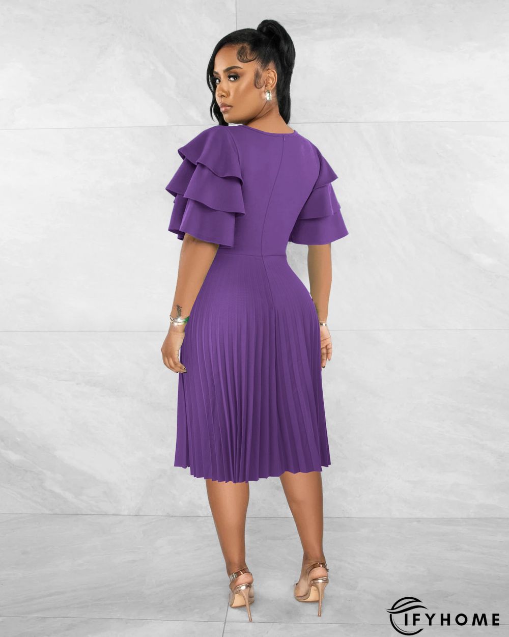 Round Neck Ruffle Short Sleeve Pressed Pleated Dress | IFYHOME