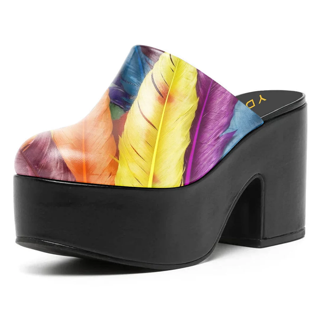 Multicolor Feather Print Block Heel Platform Mules with Round Toe