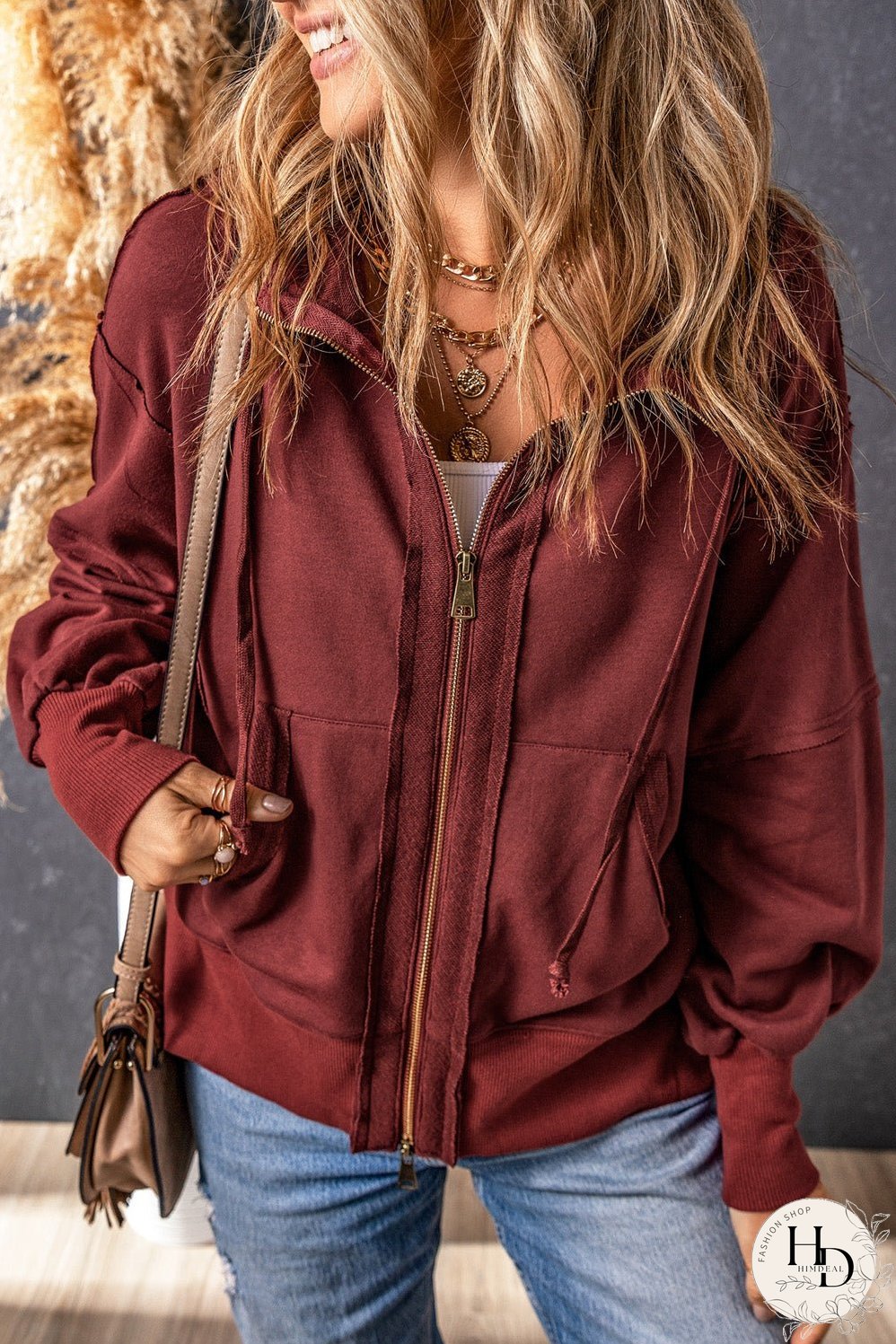 Brown Exposed Seam Zip-Up Hoodie with Raw Hem