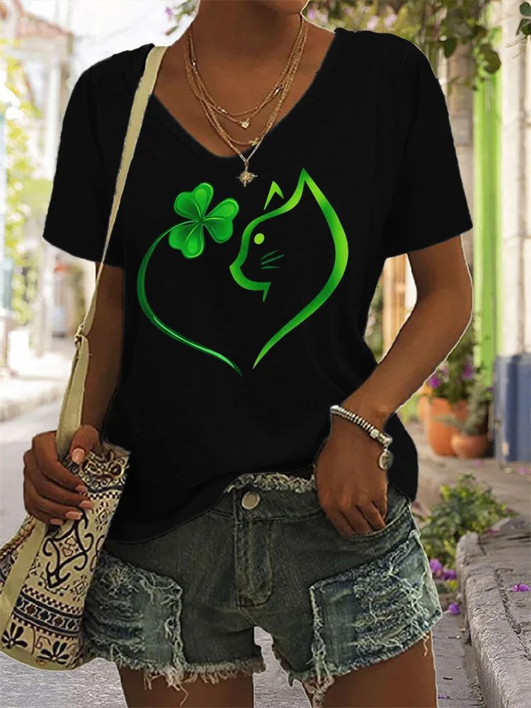 St. Patrick's Day Shamrock & Cat Heart V Neck T Shirt
