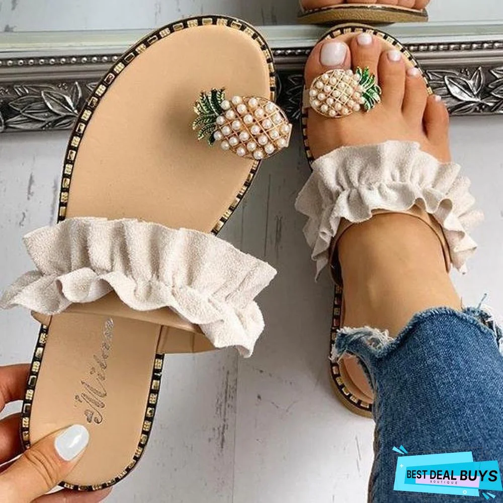 Pineapple Rhinestone Ruffles Flat Heel Slipper Slide Sandals