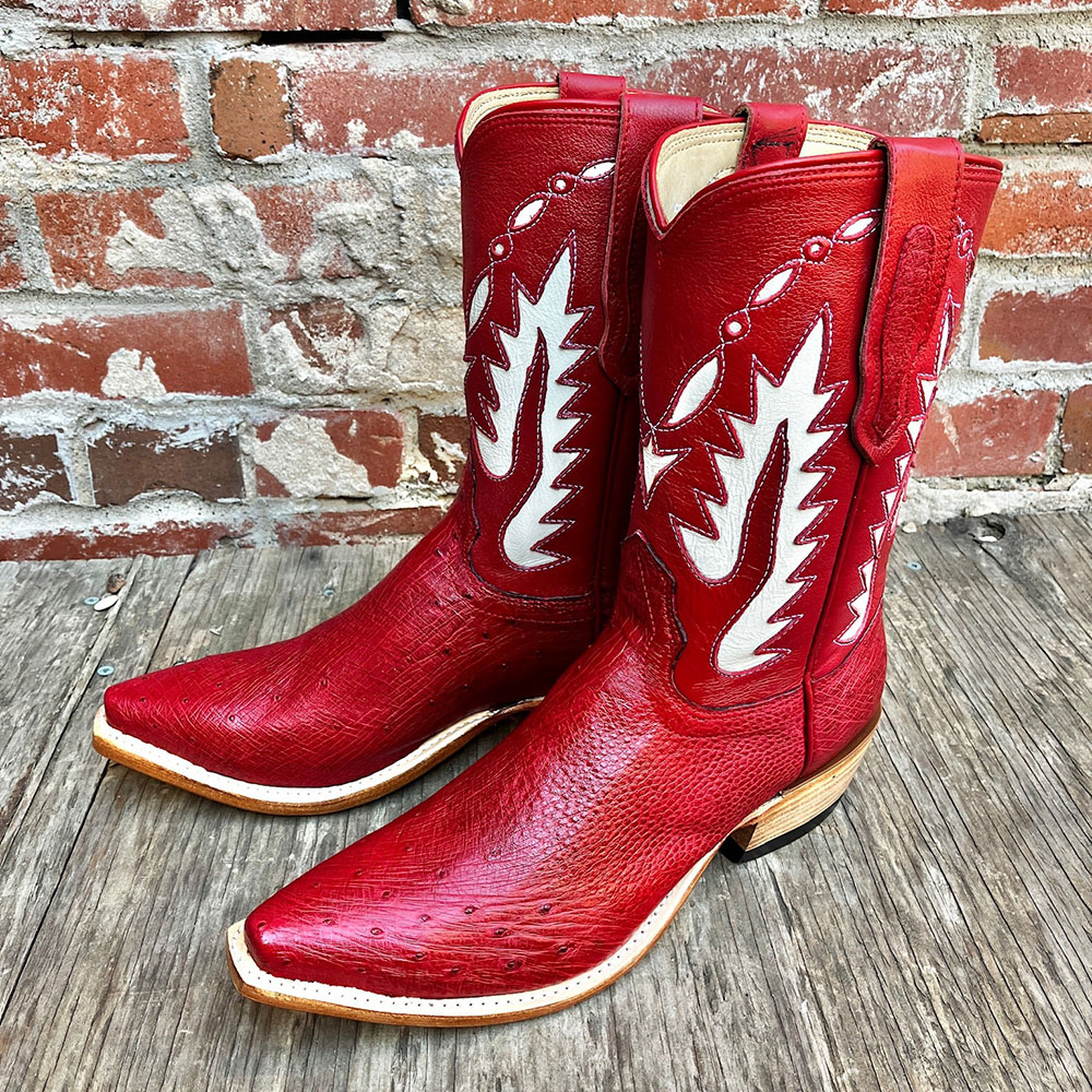 Red Ostrich Embossed Inlay Snip Toe Low Heel Mid-Calf Cowgirl Boots Nicepairs