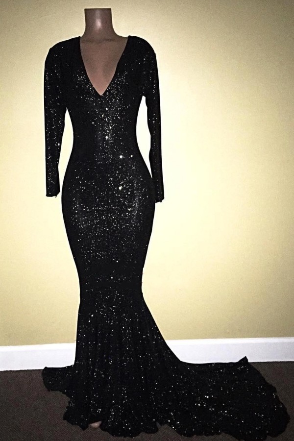 Dresseswow Black Sequins Long Sleeves Prom Dress Mermaid V-Neck