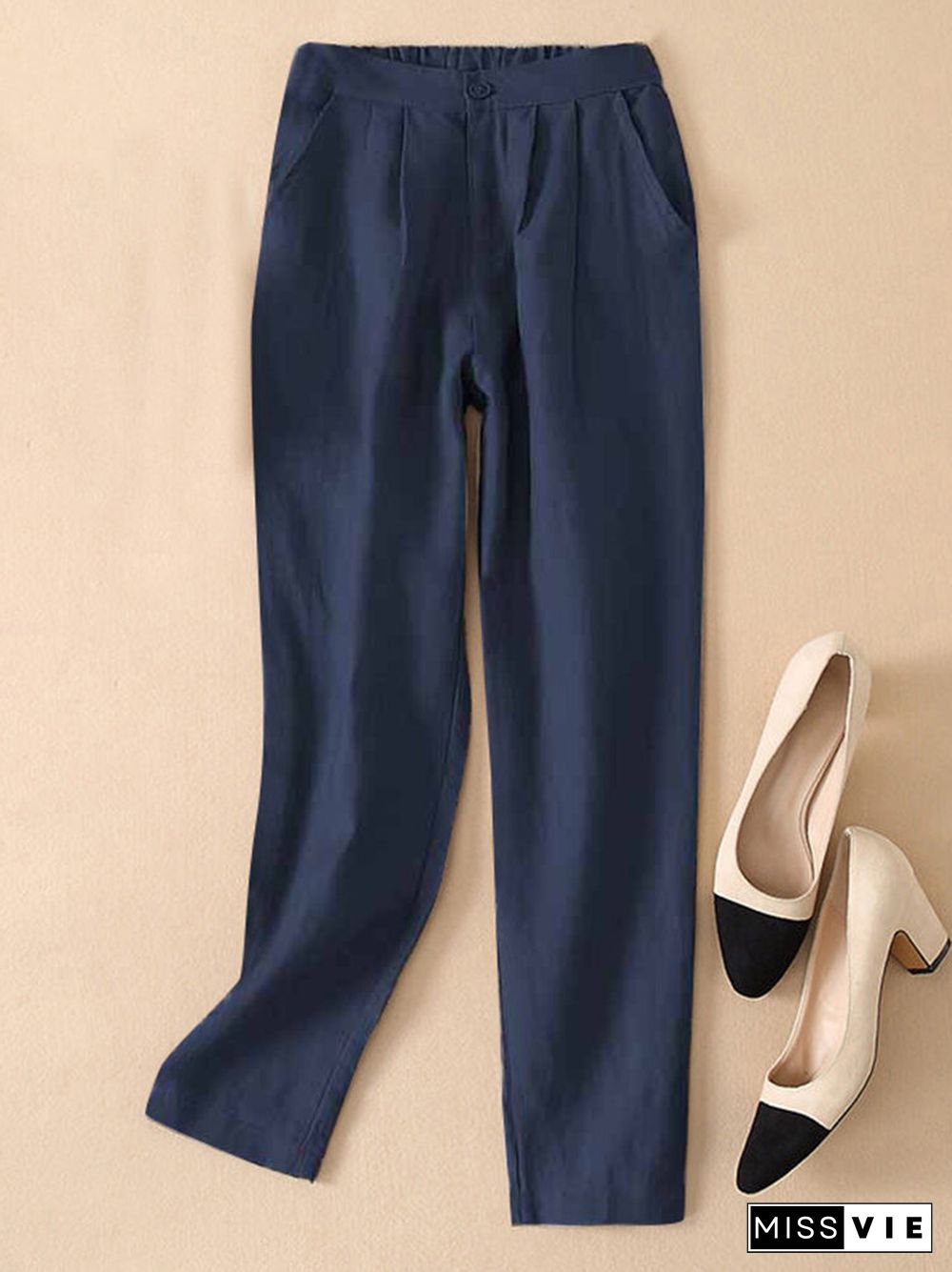 Solid Pocket Elastic Waist Casual Pants For Women
