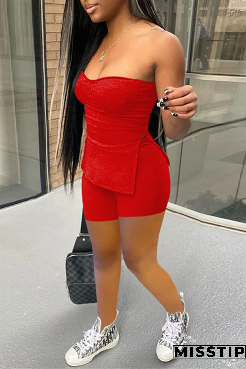 Coral Powder Sexy Casual Solid Backless Slit Strapless Sleeveless Two Pieces