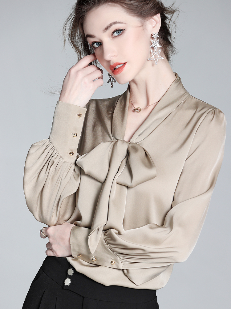 Clearance-V Neck Chic Silk Bow Shirt With Lantern Sleeve REAL SILK LIFE