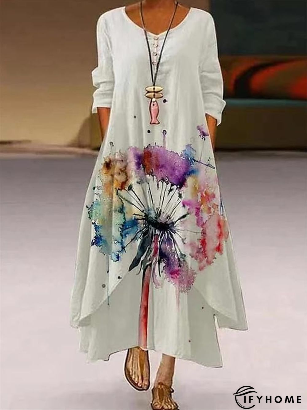 Women's Long Dress Maxi Dress Casual Dress Swing Dress Print Dress Animal Flower Casual Outdoor Daily Weekend Pocket Print Long Sleeve V Neck Dress Loose Fit Light Green Pink Purple Fall Spring S M L | IFYHOME