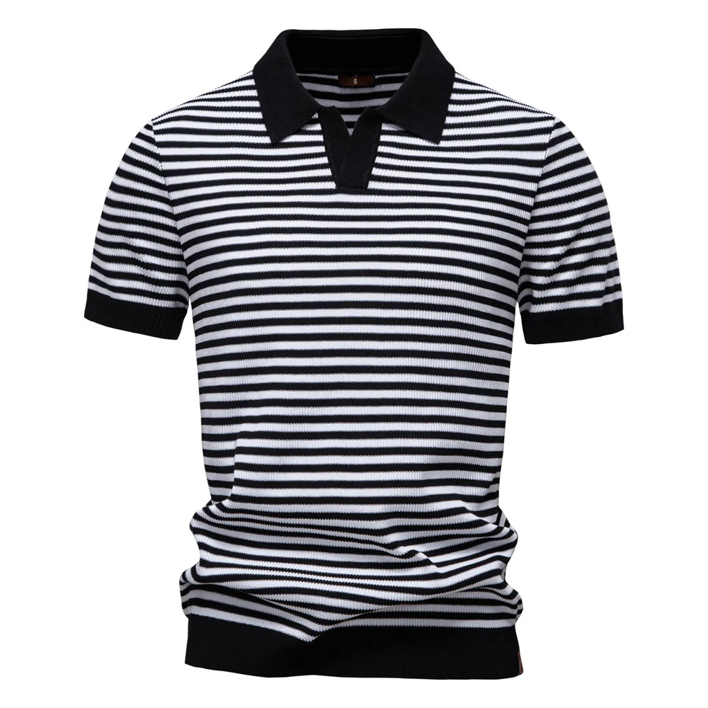 Men's Short-sleeved Knitted Polo Shirt Striped Seagull Neck Knitted Polo Shirt