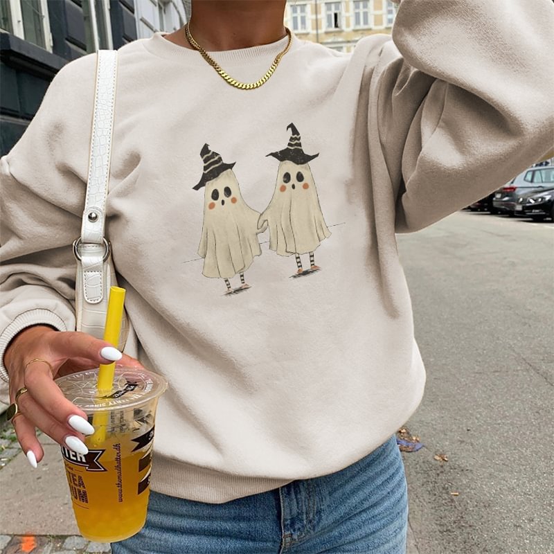 Cute Ghost In Hat Print Sweatshirt - Krazyskull