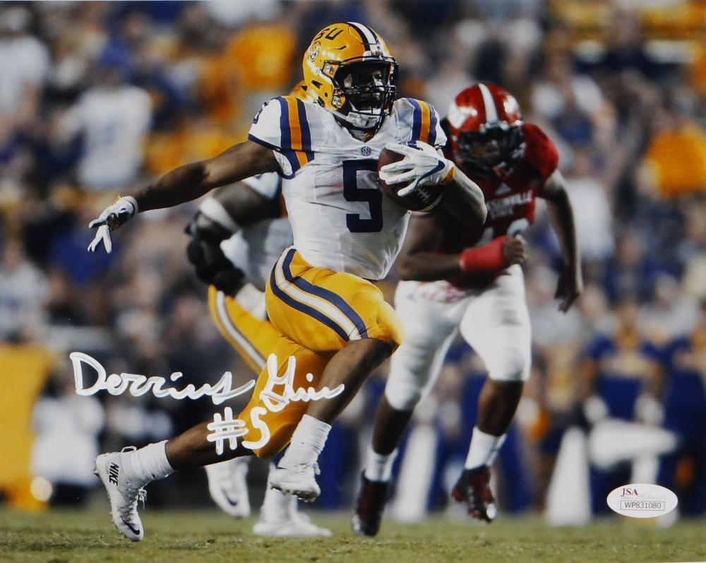 Derrius Guice Autographed LSU 8x10 Running Photo Poster painting - JSA W Auth *White