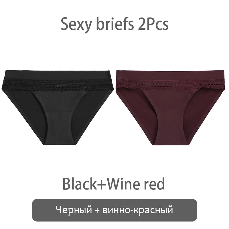 FINETOO 2Pcs/set Lace Panties Women Silk Underwear M-XL Smooth Panty Comfortable Girls Underpants Sexy Briefs 6 Colors Lingerie