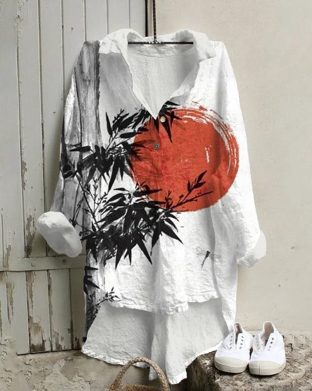 Bamboo Full Moon Print Cotton And Linen Tunic Shirt