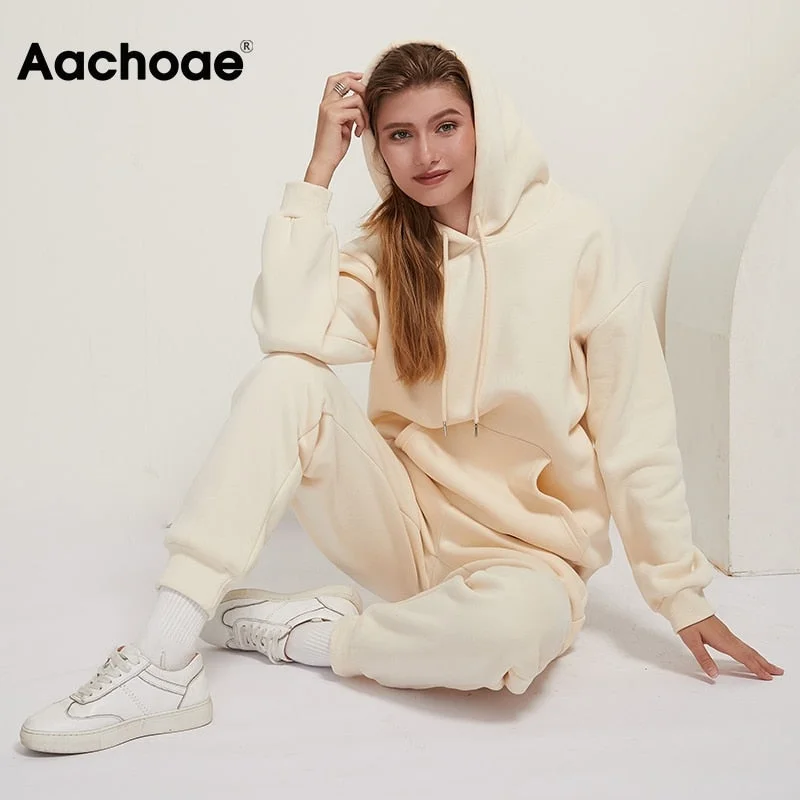 Aachoae 2021 Solid 100% Cotton Suits Women Set Fleece Pullover Hooded Hoodies Sweatshirts Casual Pants Tracksuit Plus Size