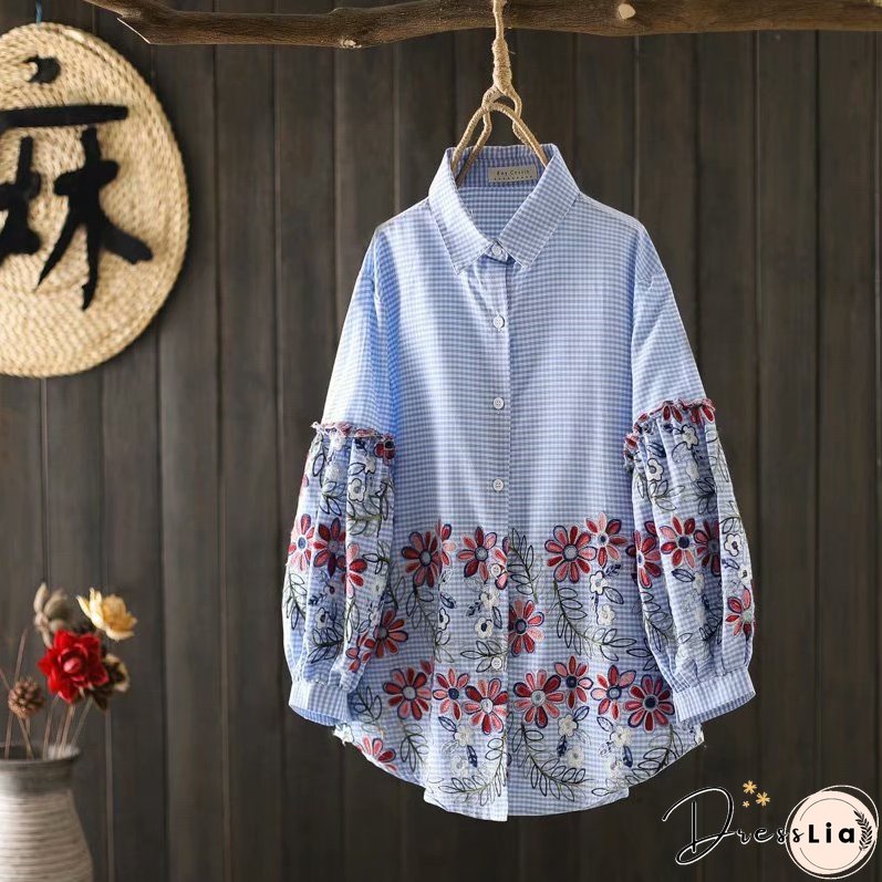 National style heavy industry embroidered white shirt