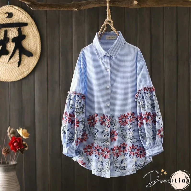 National style heavy industry embroidered white shirt