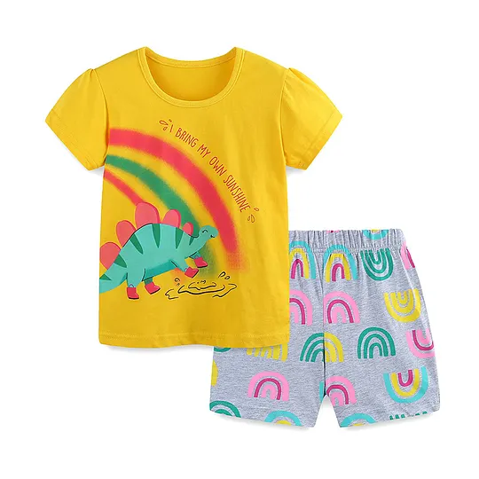 【18M-7Y】Unisex Cartoon Dinosaur Print Crew Neck T-Shirt + Shorts Set