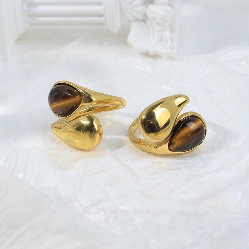 Casual Sweet Cool Style Round Water Droplets 304 Stainless Steel Natural Stone 14K Gold Plated Plating Inlay Rings