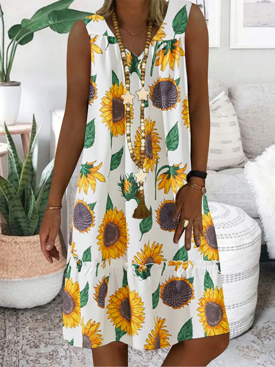 Women White Sleeveless V-neck Printed Midi Dress