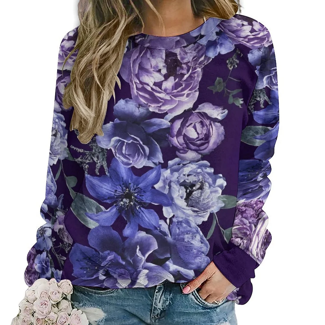 Printed Long Sleeve Casual Sweatshirt for  Women and Men Unisex Pattern Floral, Purple, Blue