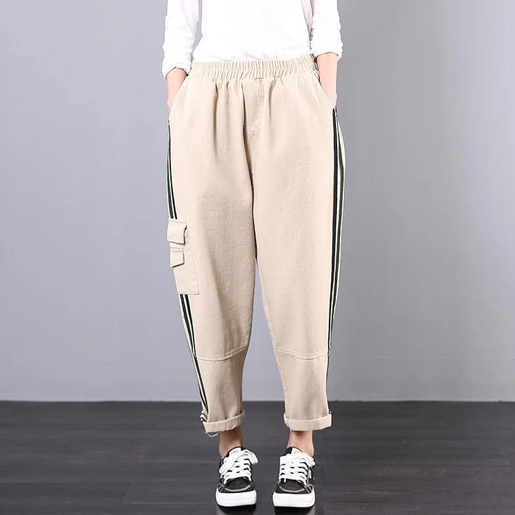 Spring 2020 new large size khaki striped stitching tooling pockets nine casual pants
