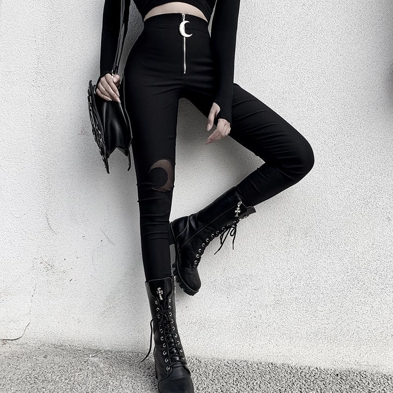 Crescent Zipper High Waist Tight Leggings
