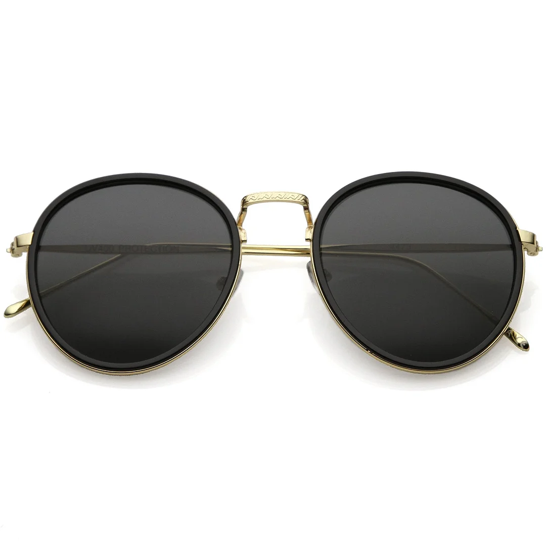 Modern Round glasses Engraved Slim Metal Arms Neutral Color Flat Lens