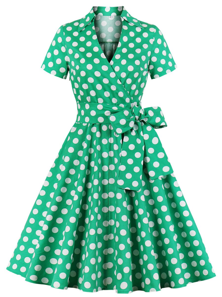 1950s Dress Polka Dot Short Sleeve Lapel Collar Vintage Swing Dresses