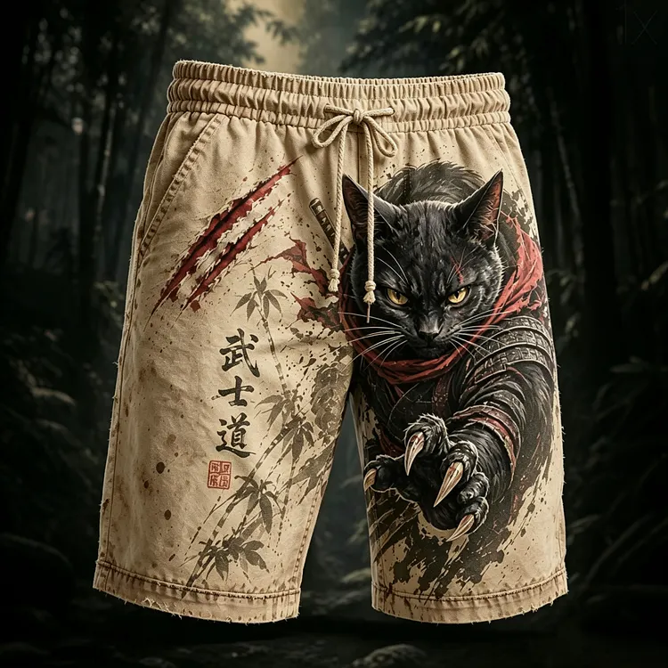Men's Retro Black Cat Samurai With Bamboo Print Casual Shorts