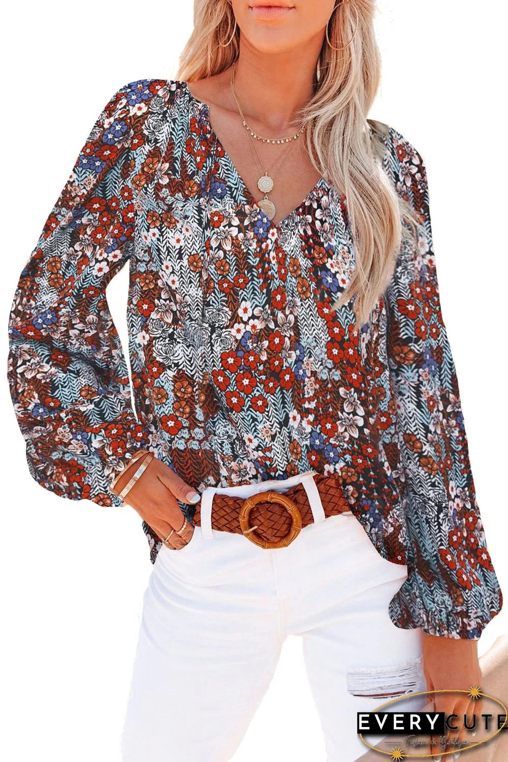 Red Floral Print V Neck Long Puff Sleeve Top