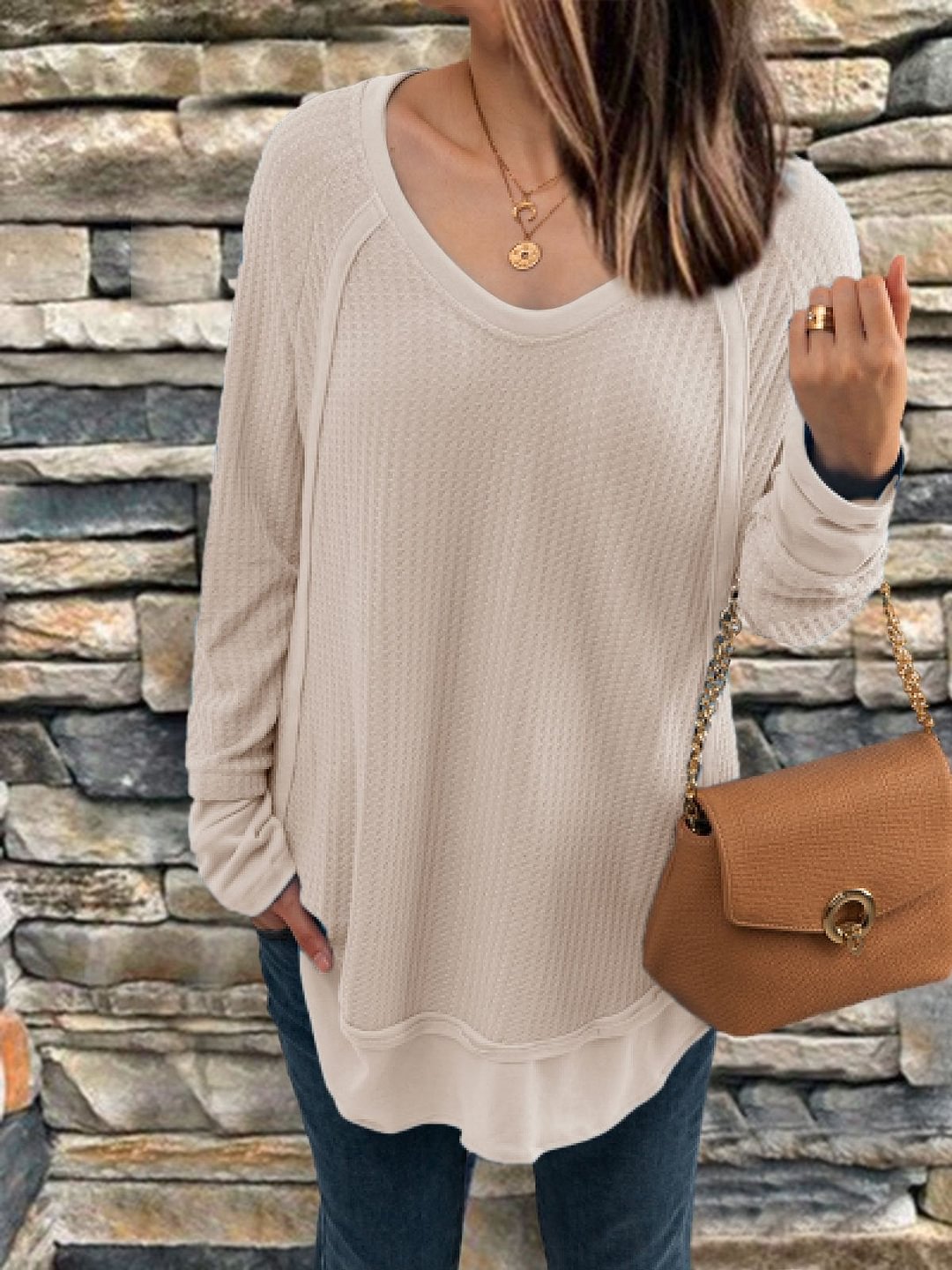 Casual Long Sleeve V Neck Solid Tops | EGEMISS