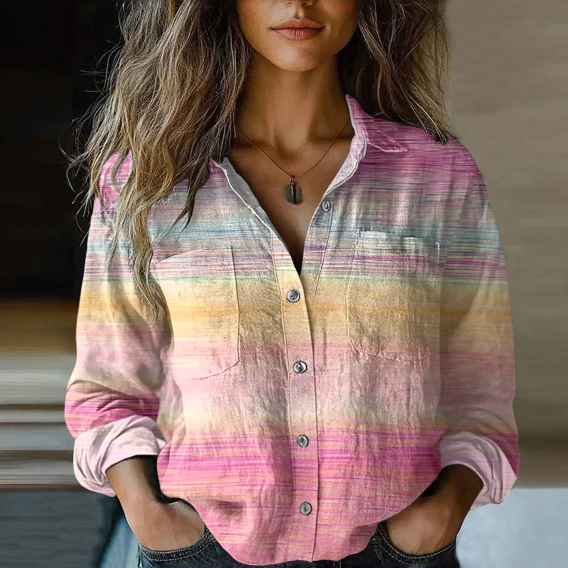 Women's Retro Gradient In Cancer Awareness Ribbon Art Casual Linen Shirt