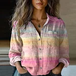 Women's Retro Gradient In Cancer Awareness Ribbon Art Casual Linen Shirt - Image 2