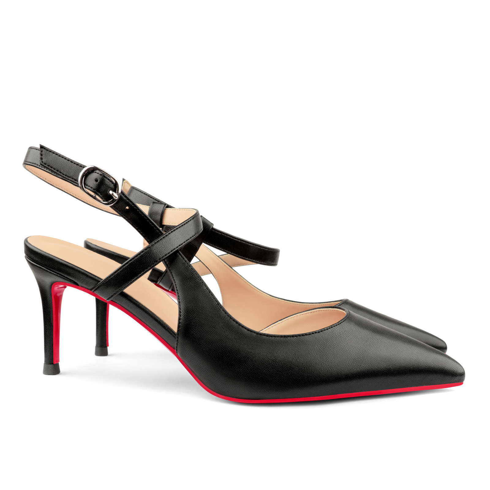 65mm Women Slingback Pumps Ankle Strap Jenlove Stiletto Pointed Toe Dress Red Bottoms Matte Heels Shoes-vocosishoes