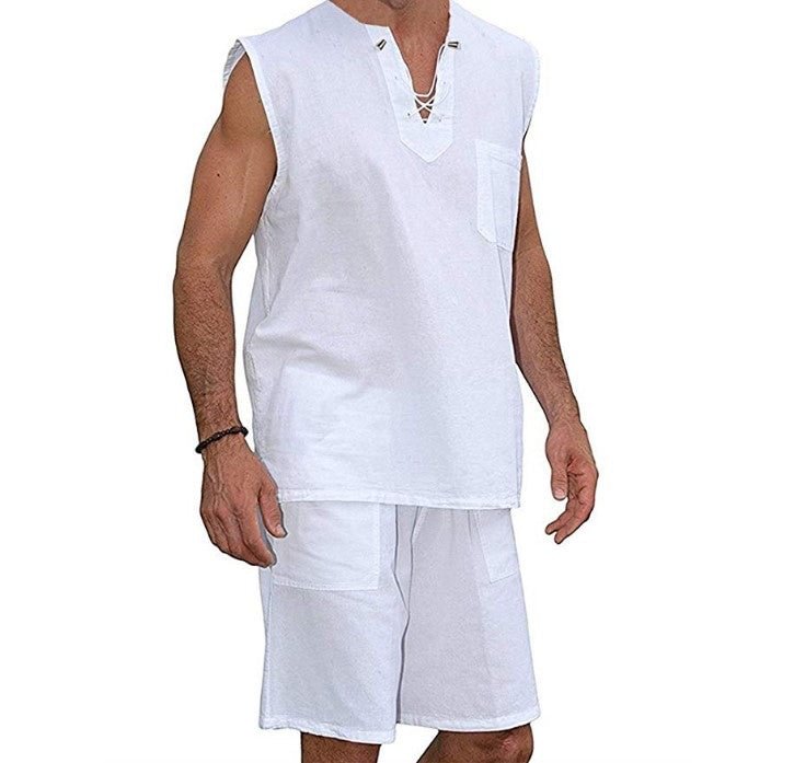 Eyelet Lace Cotton and Linen Men's Vest Shirt