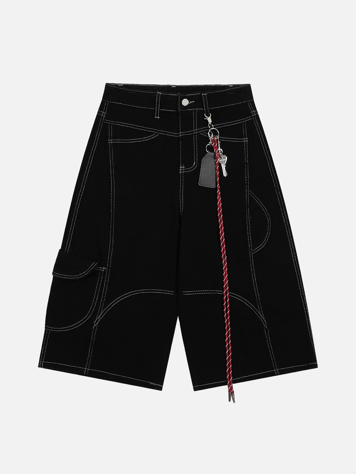 Black Segmented Design Keychain Decoration Longline Jorts Front