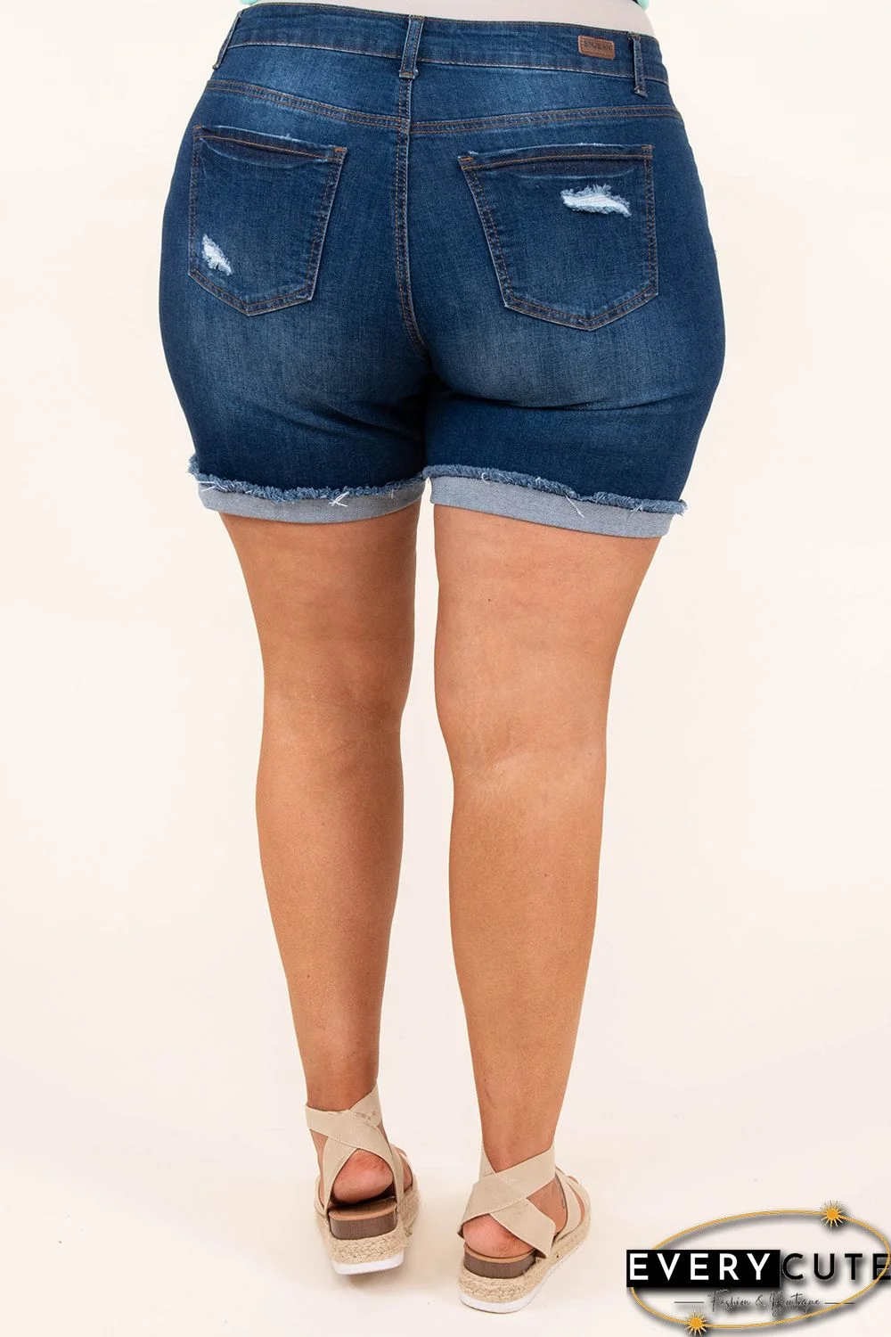 Blue Plus Size Rolled Hem Distressed Denim Shorts
