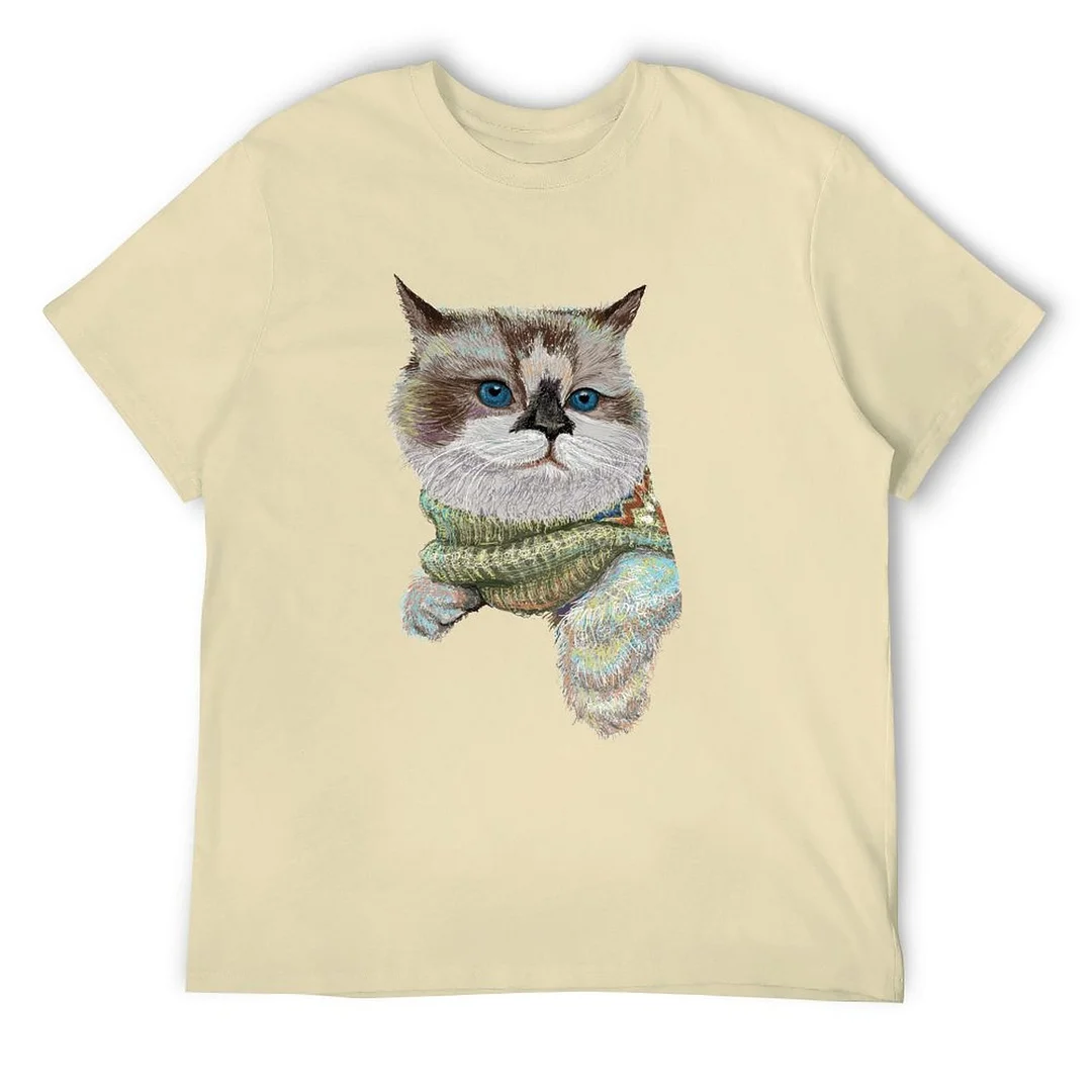 Women plus size clothing Printed Unisex Short Sleeve Cotton T-shirt for Men and Women Pattern  Cat Wearing a Scarf-Nordswear