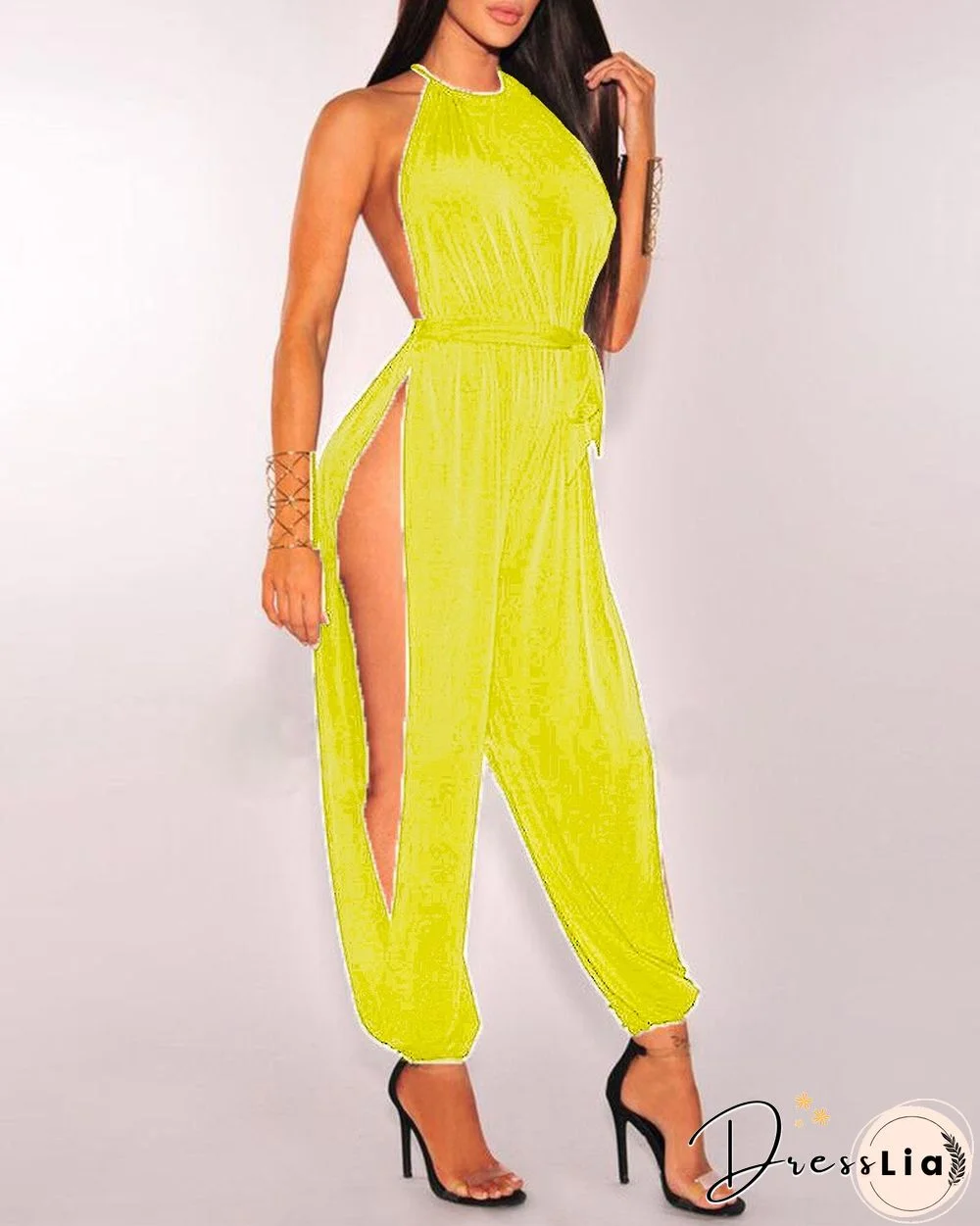 Sleeveless Ruched Slit Jumpsuit