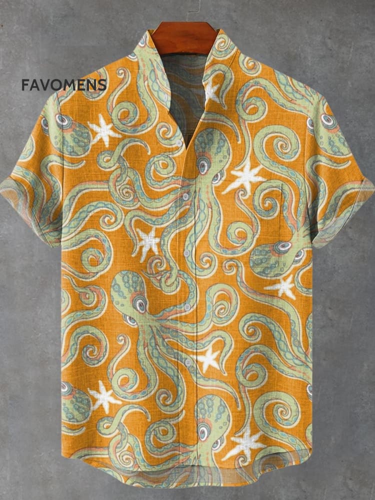 Octopus Starfish Art Print Casual 100% Cotton Shirt Multicolor / S