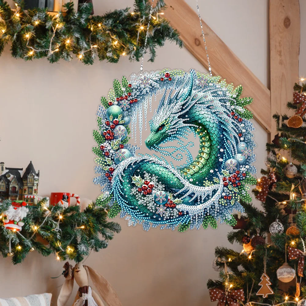 5D DIY Christmas Dragon Wreath Acrylic Special Shape Diamond Painting Art Pendants for Wall Window
