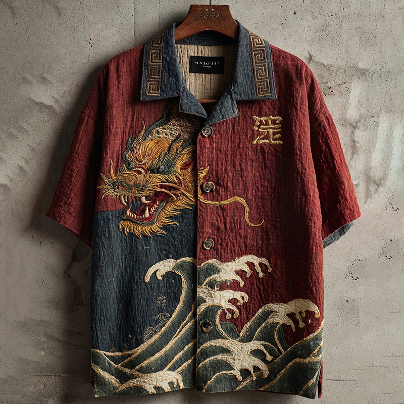 Men's Retro Japanese Dragon Wave Art Linen Blend Short Sleeve Shirt elevenforest
