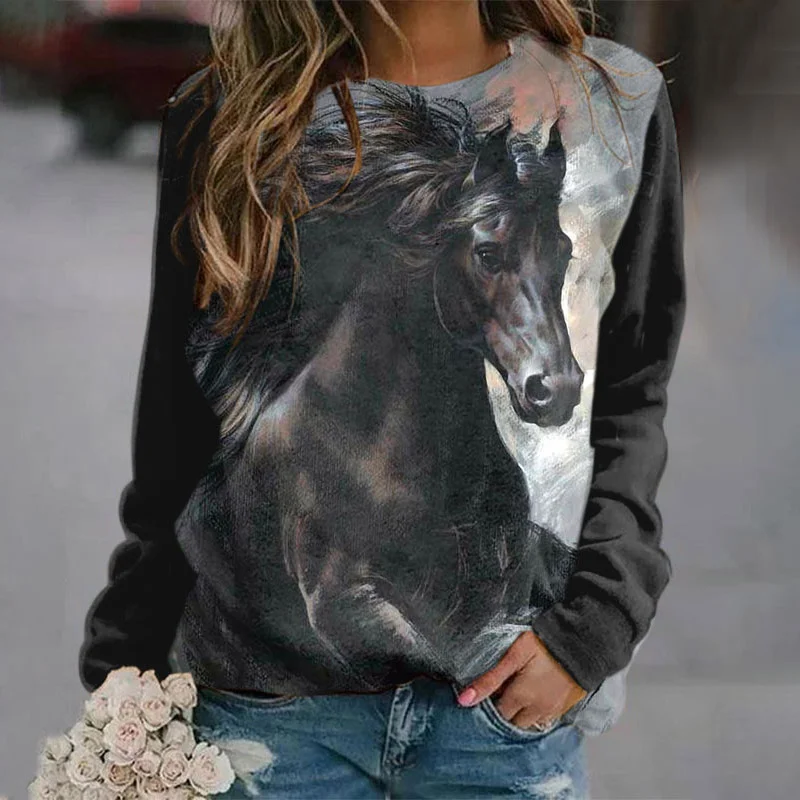 Casual Oil Painting Horse Print Sweatshirt