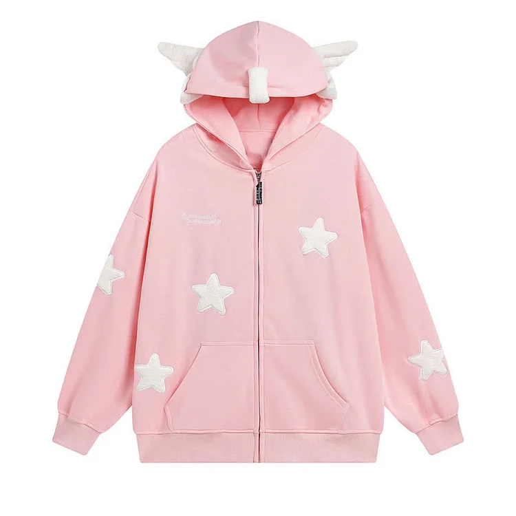 【50% OFF】Star Wings Print Pocket Zipper Oversize Hooded Sweatshirt - Modakawa Modakawa