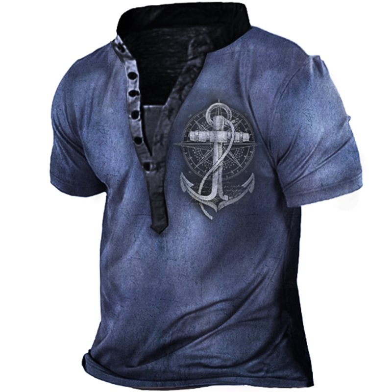 Men's Vintage Henley Nautical Anchor Print Short Sleeve T-Shirt