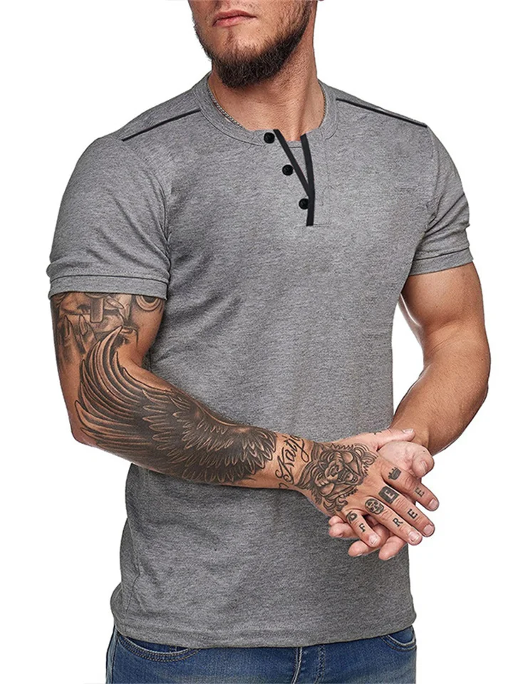 Summer New Men's Short-sleeved Fashion Urban Collarless Pullover T-shirt Clothing V-neck Henry Solid Color T-shirt X Slim-type Men | 168DEAL