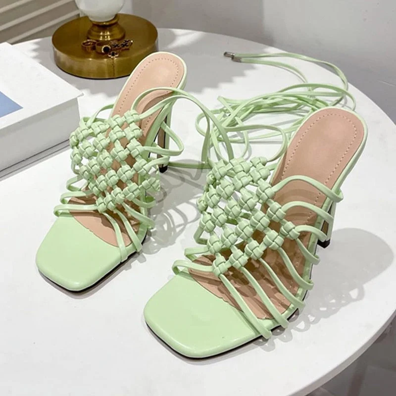 Fashion Handmade Design Weave Hollow Gladiador Sandals Women Summer Orange Square Toe Cross-Tied Stiletto Heels Ladies Shoes